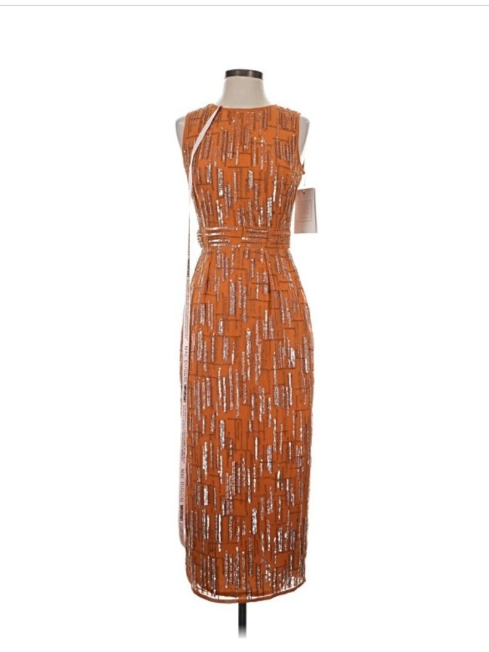 Mac Duggal Sequin Cocktail Dress Womens Size 2 Orange Midi High Neck Formal Glam